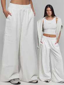 Women's Solid Casual Loose Wide-Leg Pants With Pockets - Long Length Soft & Comfy For Streetwear & Loungewear Women's Clothing Women's Trousers Women's Bottoms - White - View 2