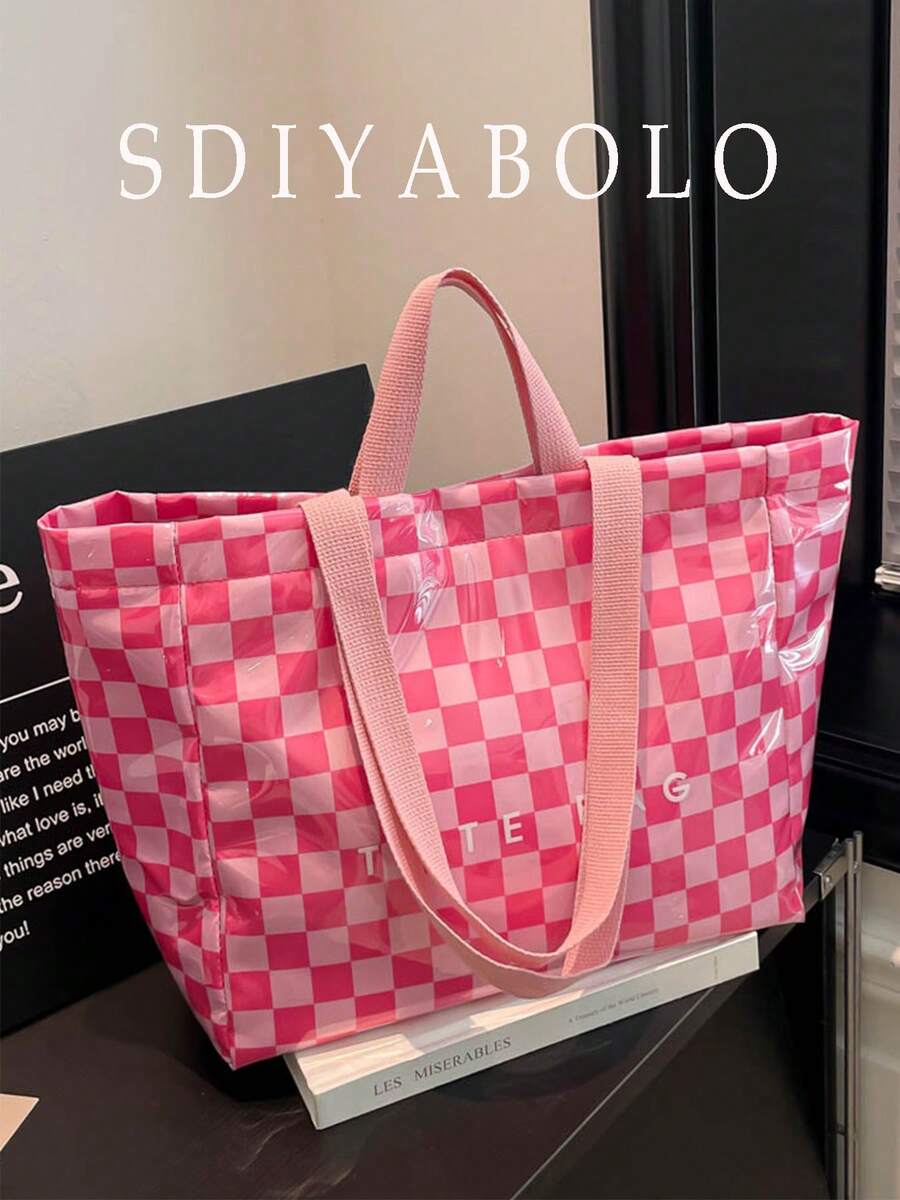 Fashionable College Style Large Capacity Tote Bag - Lightweight PVC And Kraft Paper Material, Hook And Loop Closure, Stylish Choice For Women - Multicolor - View 1