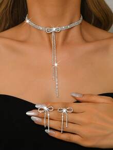 Luxury Versatile Long Collarbone Chain Rhinestone Necklace, Delicate Design High-End Sweater Chain, - Silver - View 7