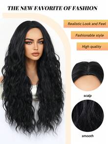 时尚女士长款波浪卷发假发 - 黑色 Kanekalon 高温丝，可调节帽型，适合所有肤色，浓密卷发，无蕾丝高温丝全头假发，适合日常佩戴 - 自然黑 - 查看 3