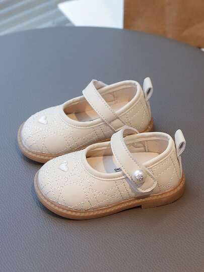 Toddler Girls' Spring/Autumn New Solid Color Simple Soft Bottom Leather Shoes, Little Girls' Princess Shoes With Fashionable Pearls