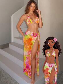 3pcs/Set 2026 Floral Sexy European & American Style Swimsuit, Summer Vacation Mesh Maxi Skirt Bikini Beach Swimwear - Multicolor - View 2