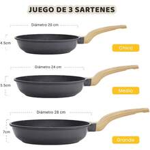 Juego de Sartenes Antiadherentes, 3 Pzas Sartenes 20 CM 24 CM y 28CM Libre de PFOA, Conducción Uniforme y Rápida para Estufas de Gas, Eléctrica, Cerámica (Negra, 20+24+28CM) - Negro - Ver 3