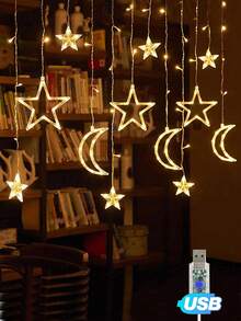 Einstellbare Mond & Stern LED Vorhanglichter - Warme/bunte Lichterkette, Märchenstil, geeignet für Weihnachten, Valentinstag, Hochzeit, Ramadan, Gartendekoration - Warmes Licht - Übersicht 13