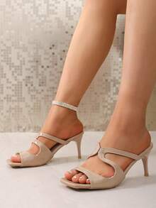 1双青少年米色方头休闲高跟凉鞋，镂空套穿设计，适合日常穿着 - 卡其色 - 查看 6