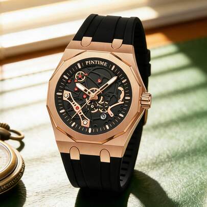 PINTIME ساعة رجالية كوارتز، حركة كوارتز، سوار من السيليكون، قرص كبير مع تقويم، مناسبة لجميع المناسبات، تبدو رائعة على أي رجل