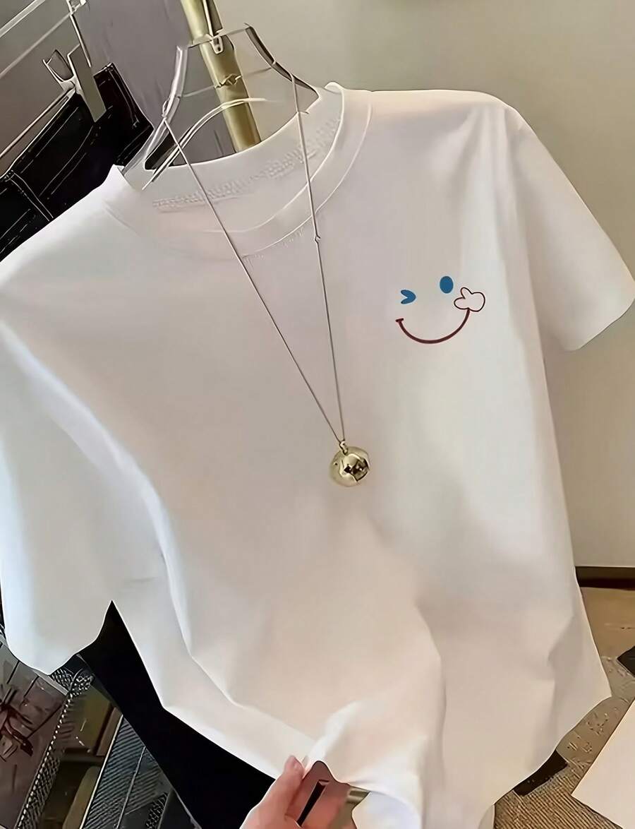 Round Neck Short Sleeve Letter Print Simple T-Shirt, Casual Daily Wear Graphic Tees Women Tops For Spring Outfit - 白色 - 查看 1