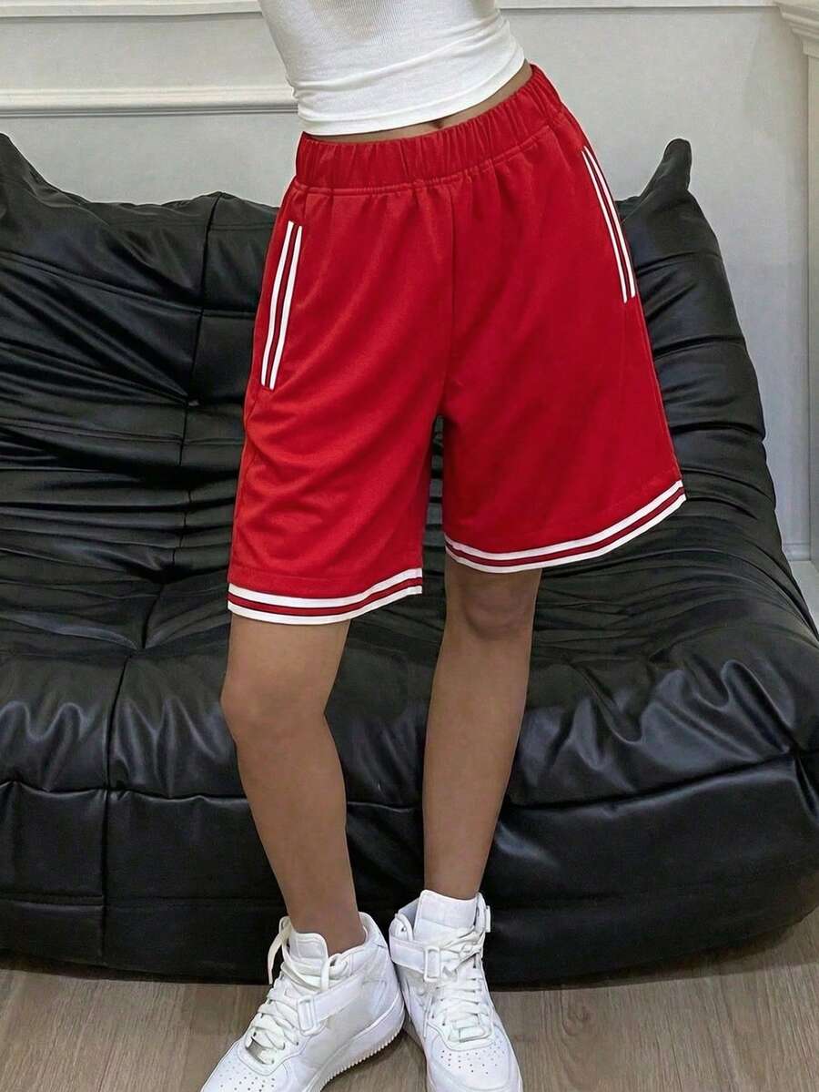 1件装 女童及青少年时尚撞色口袋速干涤纶红色沙滩短裤，适合室内、室外、游泳池、情人节、春夏穿着