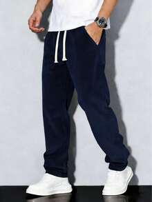 Men's Corduroy Lightweight Casual Trousers For Spring And Summer, Comfortable To Wear, With Drawstring And Pockets, Machine Washable. - Xanh đậm - Xem 1