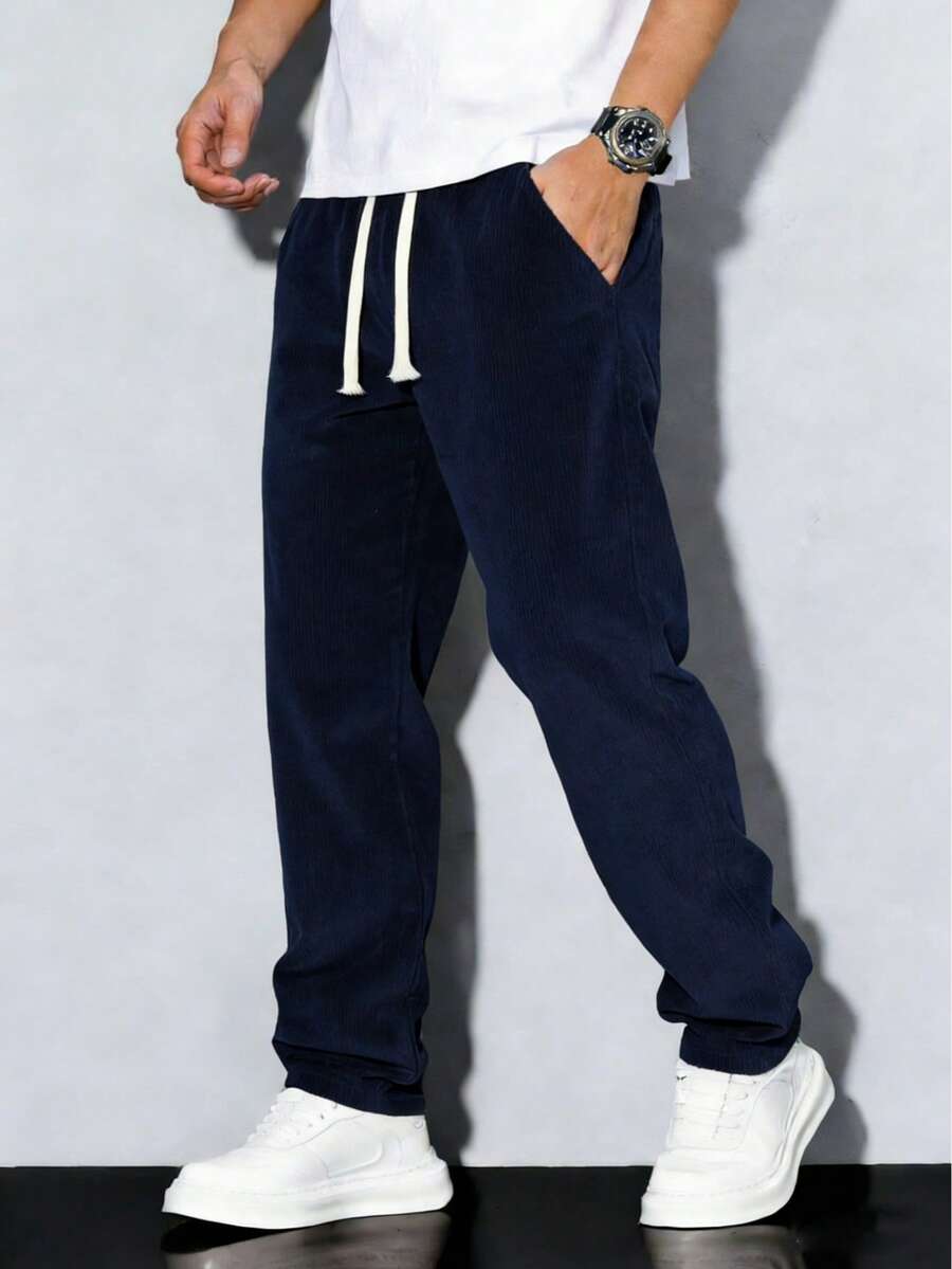 Men's Corduroy Lightweight Casual Trousers For Spring And Summer, Comfortable To Wear, With Drawstring And Pockets, Machine Washable. - Xanh đậm - Xem 1