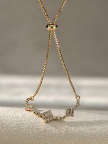 Nooxian 1pc Fashion Rhombus Claw Chain Bracelet, Copper Zirconia Adjustable Bracelet (Random Zirconia Quantity) - Yellow Gold - View 4