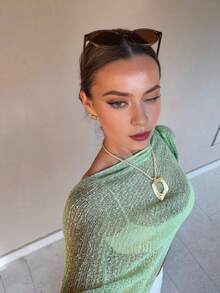Senya New Summer Collection: A Plain, Light Green Ribbed Knitted Cover Ups For Women, Featuring An Asymmetrical Hem. Crafted From A Lightweight, Breathable Knit Fabric, Its Slightly Loose Fit Flatters All Body Types. Perfect For A Holiday Or Beach-Inspired Look, This Top Also Serves As A Sheer Cover-Up. Vacation - Cadet Blue - View 5