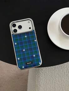 Capa para celular Niche Ins com estampa xadrez azul-esverdeada e estrelas, compatível com iPhone 16 Pro Max, 17 Pro Max, 16 Pro, 17, 15, 14/13, capa protetora de alta qualidade.