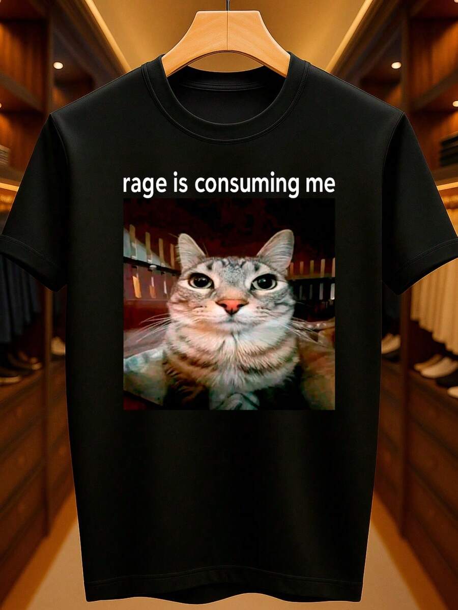 Funny Cat Meme T-Shirt "Rage Is Consuming Me" Basic Unisex 100% Premium Cotton – Men's And Women's | Casual, Streetwear, Plus Size, New Arrival With Immediate Shipping In Various Colors - màu đen - Xem 1