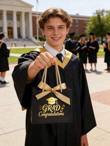 10pcs/1pc Graduation Gift Boxes With Handles (Includes Ribbons), Graduation Gift Bags, Graduation Gift Boxes, Graduation Candy Tote Bag Gift Boxes, Graduation Party Favors - Black With Gold Ribbon [Graduation Season Handbag] - View 3