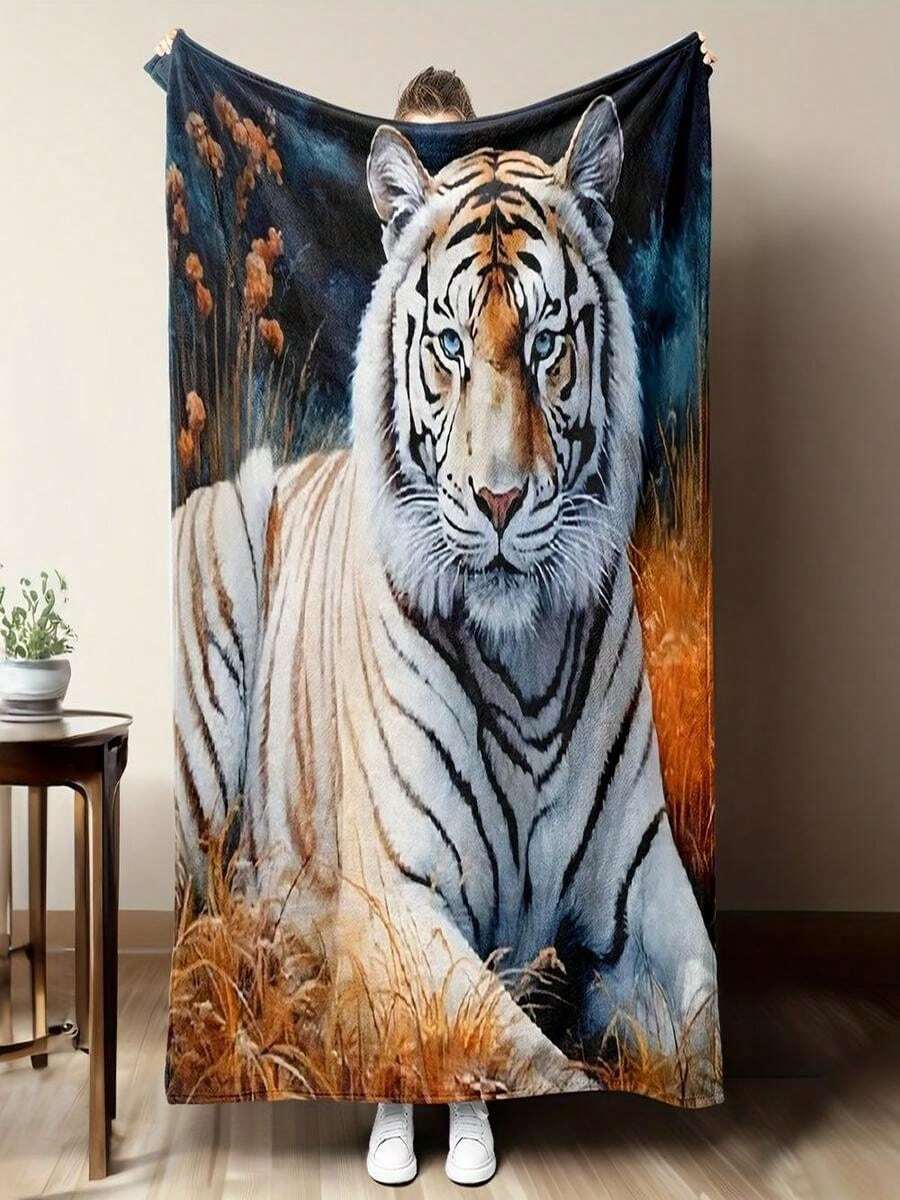 Tiger Stripe Design Blanket - Soft, Warm, Lightweight, And Comfortable, Suitable For All Seasons. Ideal For Use On The Sofa, Camping, Traveling, Or In Bed. Available In 100x150cm And 130x150cm Sizes.Jpg - White - View 1