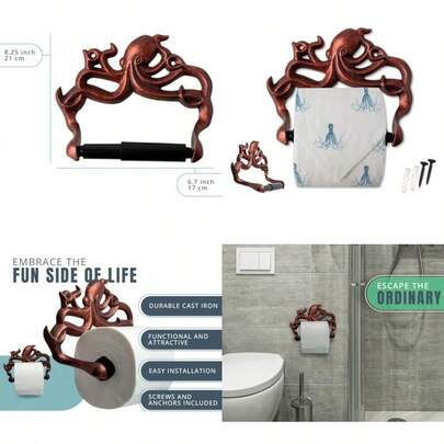 Decorative Cast Iron Octopus Toilet Paper Roll Holder Wall Mounted Octopus Décor For Bathroom Kraken Nautical Bathroom Accessory Easy To Install W/Included Screws And Anchors - Copper And Black