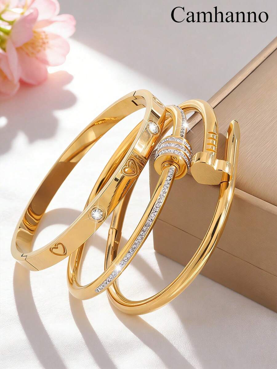 Camhanno 3件套优雅不锈钢手链套装，18k镀金百搭手链，适合日常佩戴，女士适用 - 彩色 - 查看 1