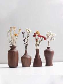 日式实木干花花瓶 木制工艺品 木质保温侘寂风格家居装饰 桌面摆件 干花插花 复古木质民宿桌面装饰 小花瓶 - 深棕色 - 查看 3