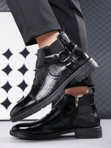 Vintage Solid Color Boots, Outdoor Casual Mid-Calf Boots, Simple & Fashionable Versatile Leather Boots For Men - Black - View 3
