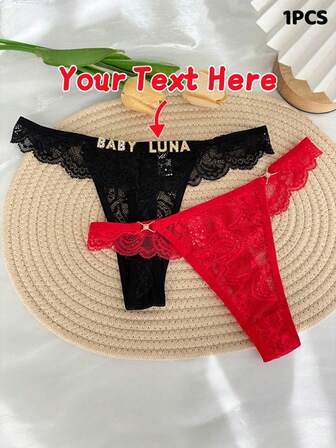 1pc Personalized Name Customized Thong, Crystal Letter Decor Tanga Panty, Sexy Lace Bikini Underwear, Metal Accent T-Back Panty, Customized Text G-String, Gift For Girlfriend, Wife, Best Friend For Valentine's Day, Christmas, Halloween, Thanksgiving, Birthday, Anniversary