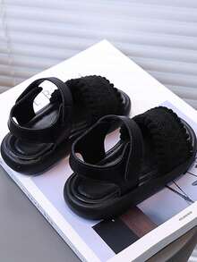 1 đôi sandal đế bệt ren kiểu La Mã thời trang mùa hè mới cho bé gái, đế mềm mại, thoải mái, kiểu dáng casual, thích hợp đi biển. - màu đen - Xem 2