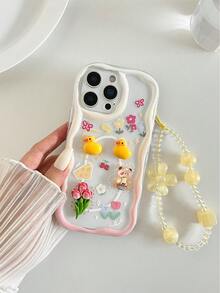 1pc Cream Patterned Painted Accessory With Attached Chain And Wavy Edge Cartoon Phone Case Compatible With IPhone 14, 14 Pro, 14 Pro Max, 13, 13 Pro, 13 Pro Max, 11, 11 Pro Max, 12, 12 Pro, 12 Pro Max, XR, XS, 15, 15 Pro, 15 Pro Max, 16, 16 Pro, 16 Pro Max, 17, 17 Pro, 17 Air, 17 Pro Max, Galaxy S24, A04, A12, A13, A14, A23, A24, A32, A33, A51, A52, A53, A54, A72, Redmi Series Redmi 9, Redmi 9A, Shock-Proof Phone Case - Multicolor - View 2