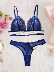 Sexy Lash Lace Chain Sensual Underwear Set - Feminine Underwear Set,Sexy Lingerie - Blue - View 3