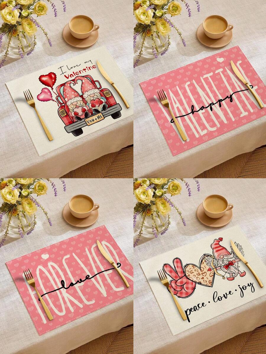 1pc/4pcs/6pcs/60pcs Valentine's Day Polyester Decorative Placemats, Pink Heart, Car, Balloon Placemats, Stain-Resistant, Suitable For Home, Restaurant, Dining Table Decor, Housewarming, Birthday Gifts - Multicolor - View 1