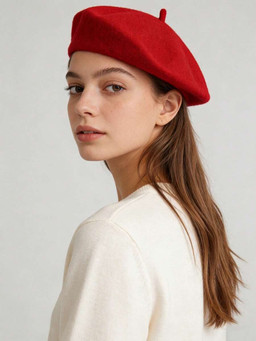 1顶复古休闲贝雷帽，女士百搭圆顶艺术家帽，时尚百搭，适合秋冬季及情人节佩戴，黑色贝雷帽 - 紅色 - 查看 1
