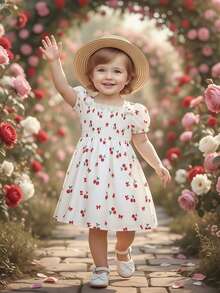 Spring/Summer Valentines Day Girls Dress, Elastic Waist Puff Sleeve Short Sleeve Dress, Cherry Blossom & Bow Print, Sweet & Cute, Casual Everyday/Holiday Outfit - White - View 10