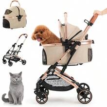carriola para mascotas 3 en 1 para perros pequeos y medianos, carriola para cachorros y gatos con portador desmontable y almohadilla ligera y plegable, marco de aleacin de aluminio, doble entrada sin cierre caqui
