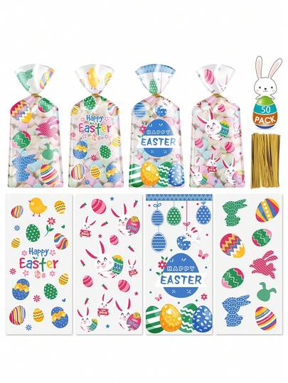 50pcs Easter Gift Bags - Happy Easter Gift Bags, Easter Egg Plastic Transparent Bags, Colorful Easter Bunny Candy Favor Bags With Gold Twist Ties, Suitable For Easter Party Favors And Egg Hunt