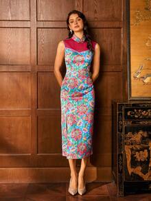 女士奢华无袖旗袍 - 立领旗袍连衣裙，侧开衩，饰以花卉图案，及地正式亚洲服饰，适合婚礼、文化节、盛大晚宴、公司庆典及其他场合。 - 紅色 - 查看 1