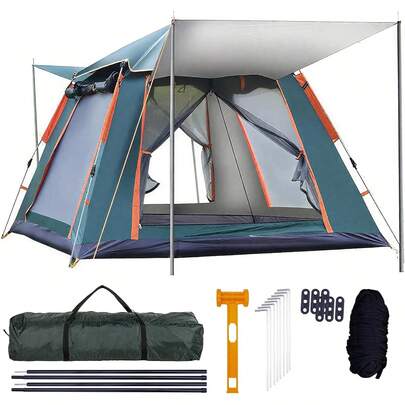Camping Tent Automatic Instant Tent For 3-4 People Pop Up Ultralight Green Dome Tent 4 Seasons Waterproof & Windproof & Sunproof Camping Tent With Rainproof Cover, Camping Hammer