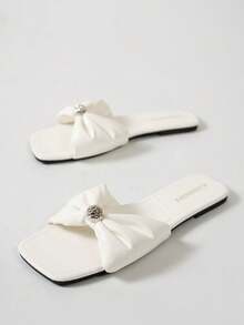 2025 New Summer Women Flat Sandals, Fashion Beach Party Black Slippers, Square Toe Casual Slides For Indoor & Outdoor, Spring/Summer - White - View 1