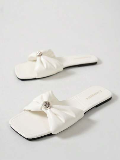 2025 New Summer Women Flat Sandals, Fashion Beach Party Black Slippers, Square Toe Casual Slides For Indoor & Outdoor, Spring/Summer