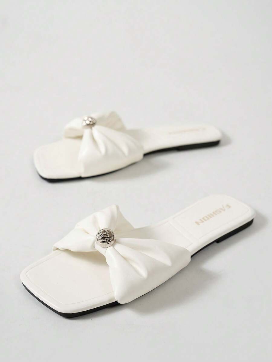 2025 New Summer Women Flat Sandals, Fashion Beach Party Black Slippers, Square Toe Casual Slides For Indoor & Outdoor, Spring/Summer - White - View 1