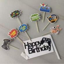 9件套生日快乐蛋糕装饰品，电子游戏主题蛋糕插牌，电子游戏主题装饰，男宝宝生日派对用品，化妆派对，服装派对，情人节，角色扮演派对 - 彩色 - 查看 10