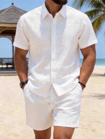 2pcs Men's Casual Solid Color Comfortable Soft Knit Fabric Outfit, Including Collared Short Sleeve Cardigan Top And Shorts, Minimalist Fashion Style