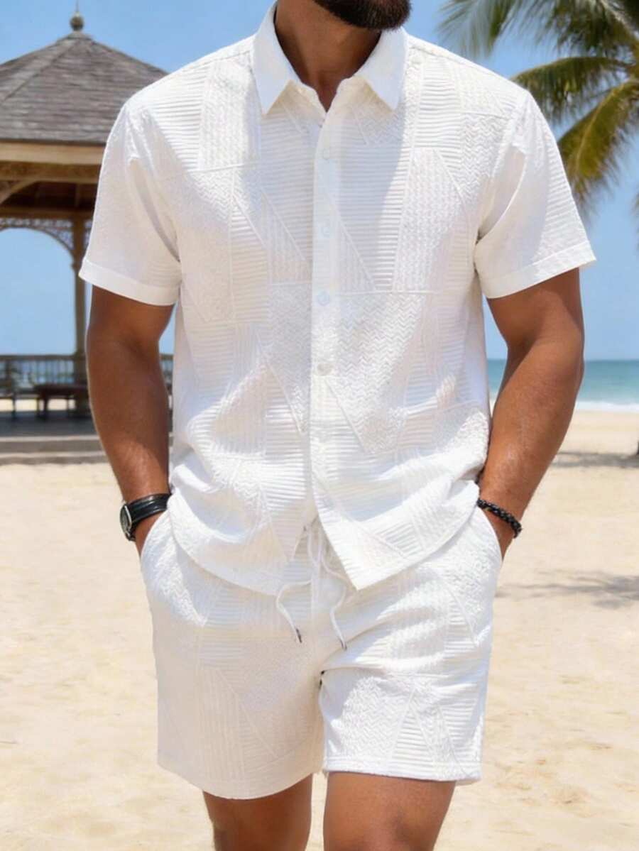 GOLDREDY 男士休闲两件套，纯色柔软针织上衣，Polo 领短袖开衫搭配同款短裤，轻松时尚的沙滩装扮 - 白色 - 查看 1