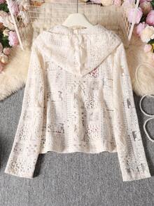 法式浪漫蕾丝刺绣连帽开衫，轻盈拉链针织上衣，适合春夏、度假和海滩穿着 - 杏色 - 查看 2