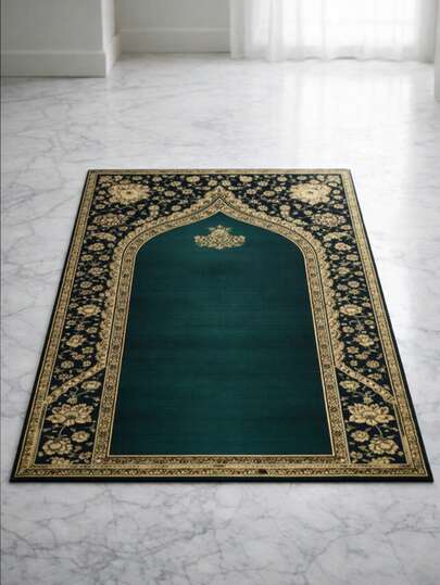 畅销款一体式可折叠朝圣祈祷垫 - 尺寸 30*43 英寸，便携式祈祷垫 - 深绿色带奢华金色图案的可折叠旅行祈祷垫，可机洗，适用于宗教场所和家庭礼拜，适合室内/室外使用，超大尺寸