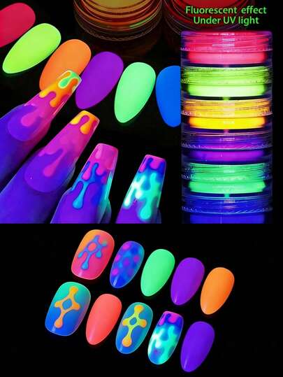 Dofuny 6Box/Set Neon Phosphor Pigment Powder Fluorescent Nail Glitter Set Shiny Ombre Chrome Chameleon Aurora Dust For DIY Gel Polish Manicure Nail Art