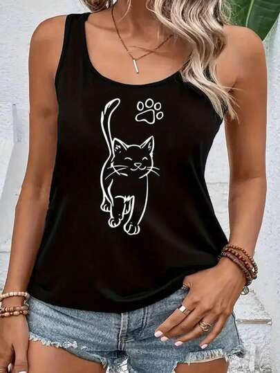 Camiseta Regata Feminina  Estampada Modelo: "Gatinho Pet" Moda T-shirt Feminina com Estampa Camiseta Casual De Manga Cavada Promoção Blusinha Feminina, Conforto Moda Verão