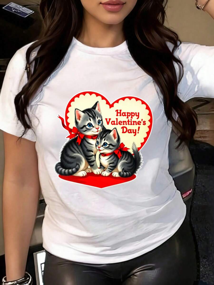 Long Sleeve Crew Neck Casual T-Shirt Featuring A Vintage Valentine'S Day Print Of Two Red Scarf-Wearing Cats, Suitable For Spring And Autumn, Women'S Apparel. - 白色 - 查看 1