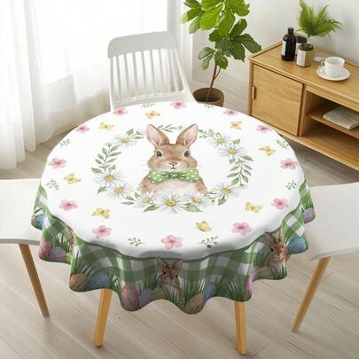 1件圆形桌布，白色背景，饰有复活节主题元素（兔子、彩蛋、雏菊、粉色花朵和蝴蝶）和绿色格子边，装饰性桌布，适用于餐桌、家居装饰和复活节聚会。