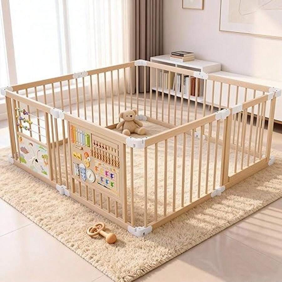 Foldable 63"X63"X24" Wooden Playpen For Babies Boys & Girls, Natural Wood Sturdy & Safety Baby Playard W/ Adjustable Size & Shape For Infant & Toddles, Portable Kids Play Yard Fence Play Pen Includes 2 Game Boards, 10+ Toy Set, Suitable For Indoor Use, Essential For New Moms,Baby Needs,Baby Gate,Newborn Gift - wood-63X63X24inchs - 查看 1