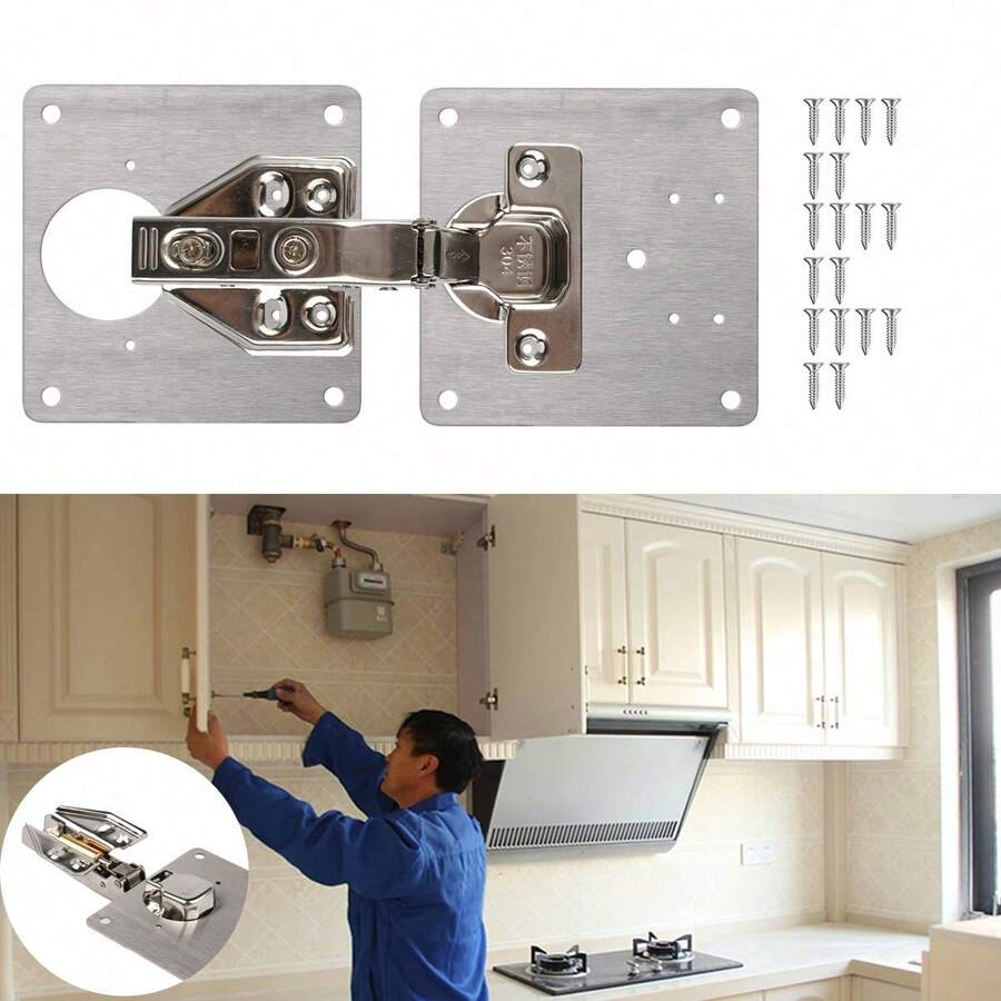1X Set Cabinet Hinge Plate Set W/ Mounting Screws Door Hinge Side Plate Repair Kit Stainless Steel - Silver - View 1