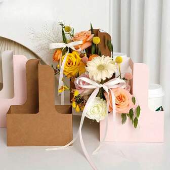 1/5/10pcs Brown-Pink Kraft Paper Flower Bouquet Gift Bags, Paper Material With Cup Holder, Double Cup Flower Packaging Box, Paper Tray Basket - Suitable For Valentine's Day, Mother's Day And Wedding Decoration, Men's Birthday Gifts, Valentine's Day Gift Box, Men's Gift Box, Men's Gifts, Wholesale Gift Bags, Partner Gifts, Graduation Gifts, Birthday Gifts, Wedding Gifts, Birthday, Bride, Wedding